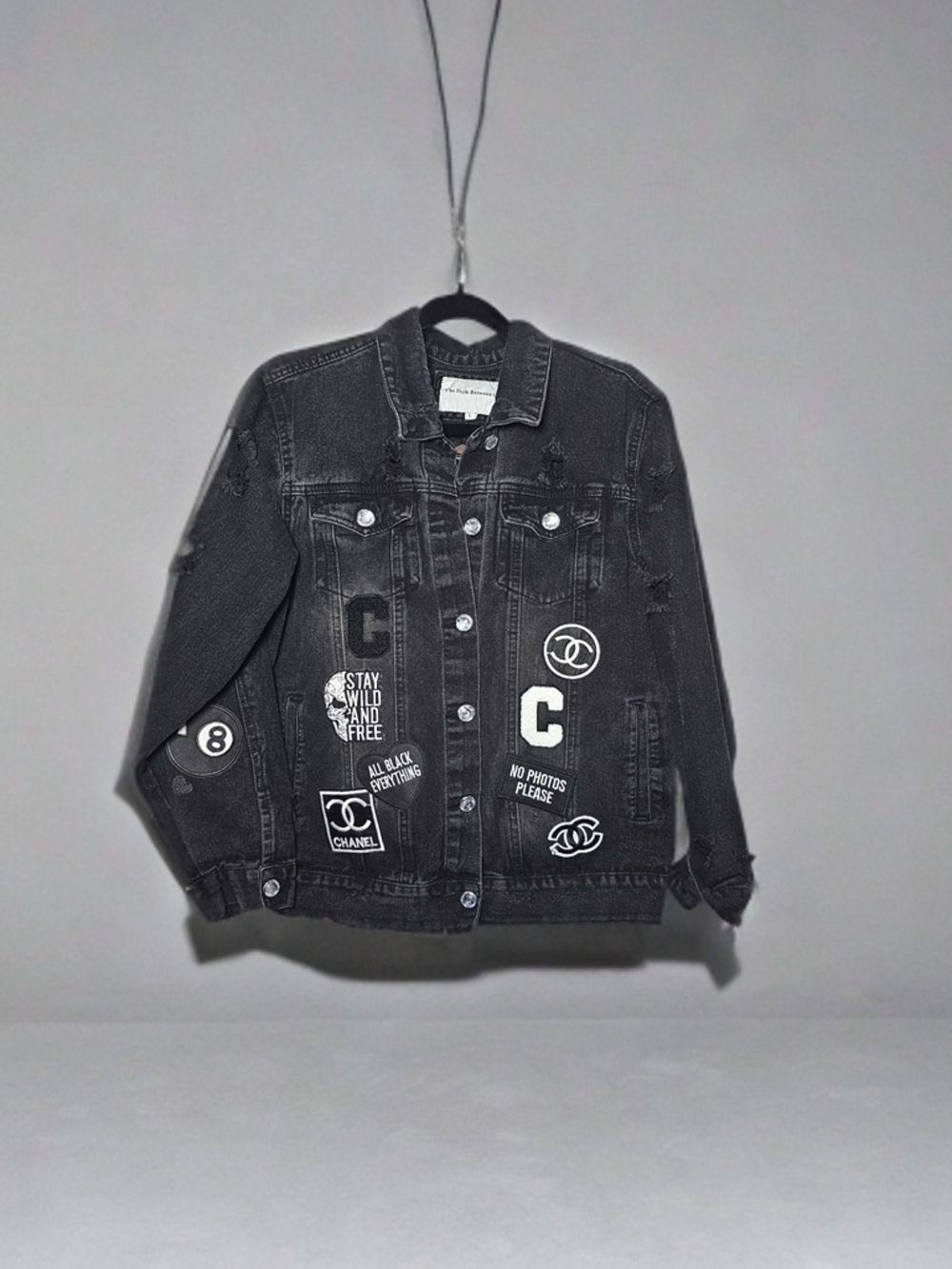 Black Distressed Designer Inspired Patched Denim Jacket